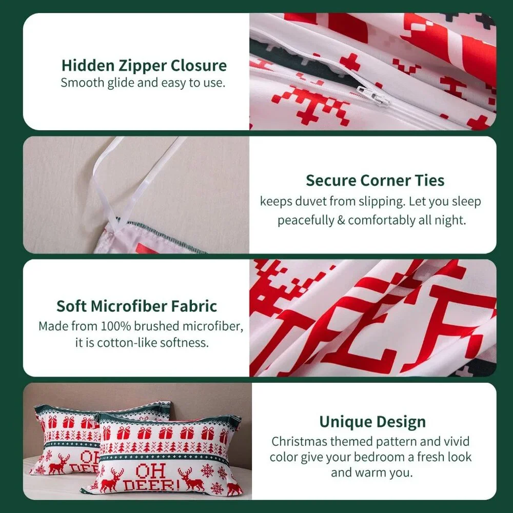 Mildly Merry Christmas Deer  Snowflakes Themed Duvet Comforter Cover Set-Queen